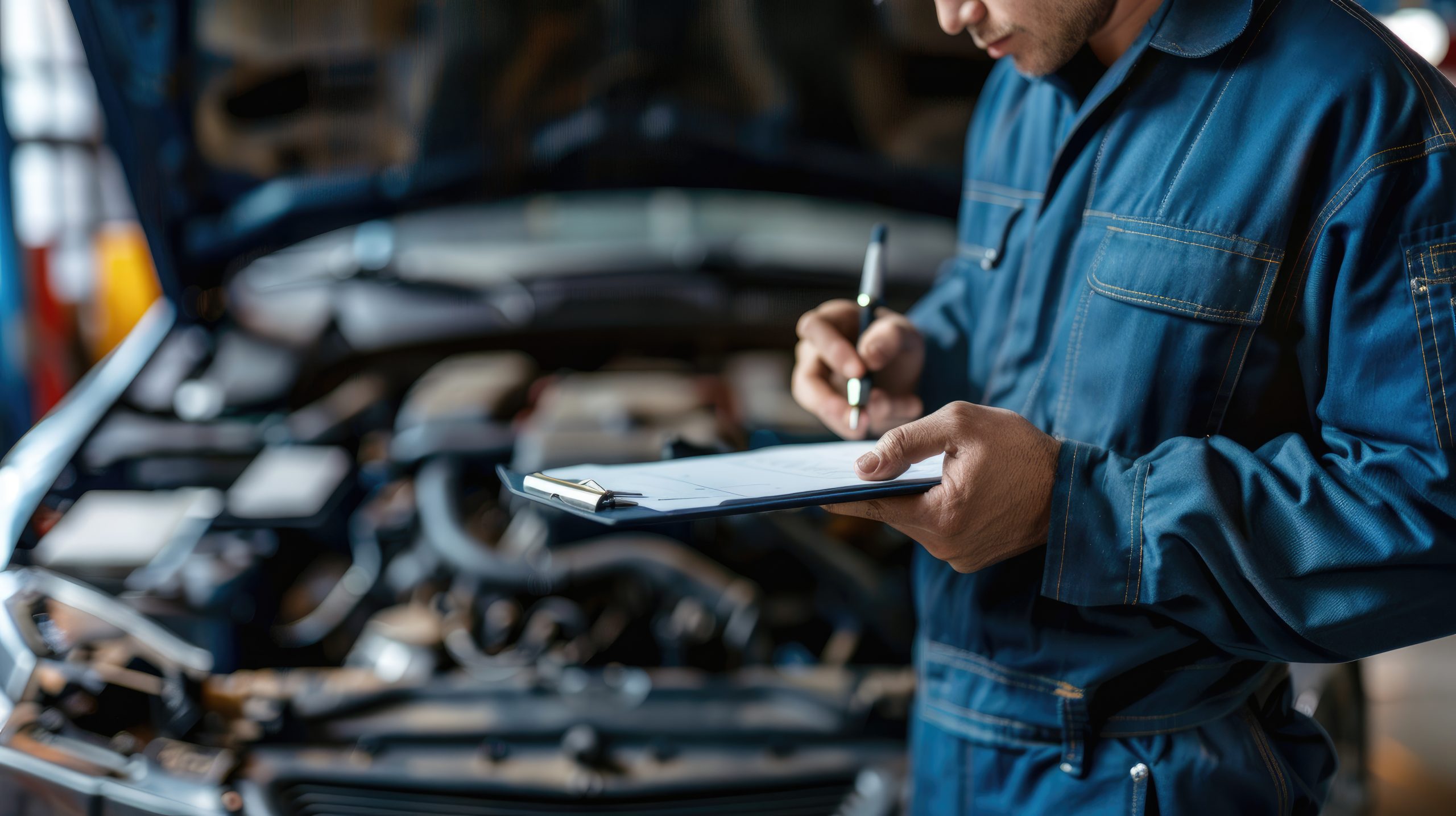 Close Up Of Repairman Writing Job Notes On Clipboard